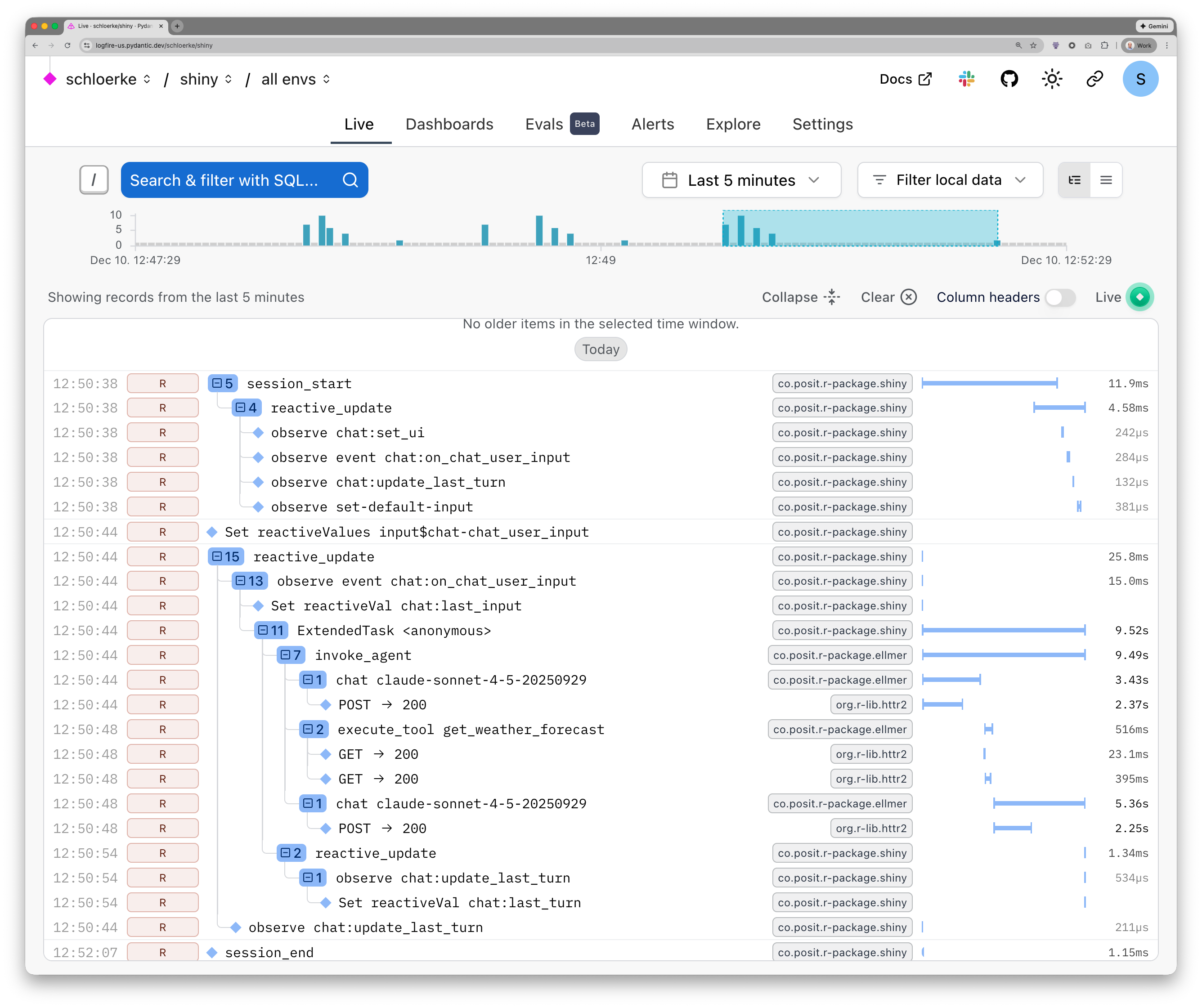 OpenTelemetry trace of chat app with weather tool