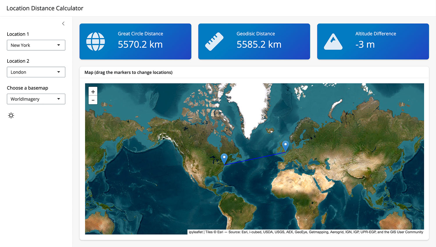 A screenshot of an dashboard that includes an ipyleaflet map.