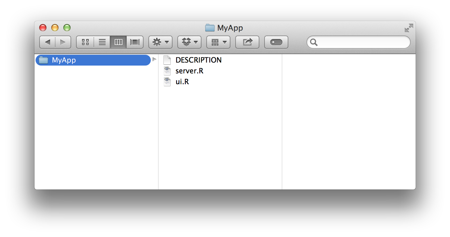 File navigation pane with MyApp and three files - DESCRIPTION, server.R and ui.R