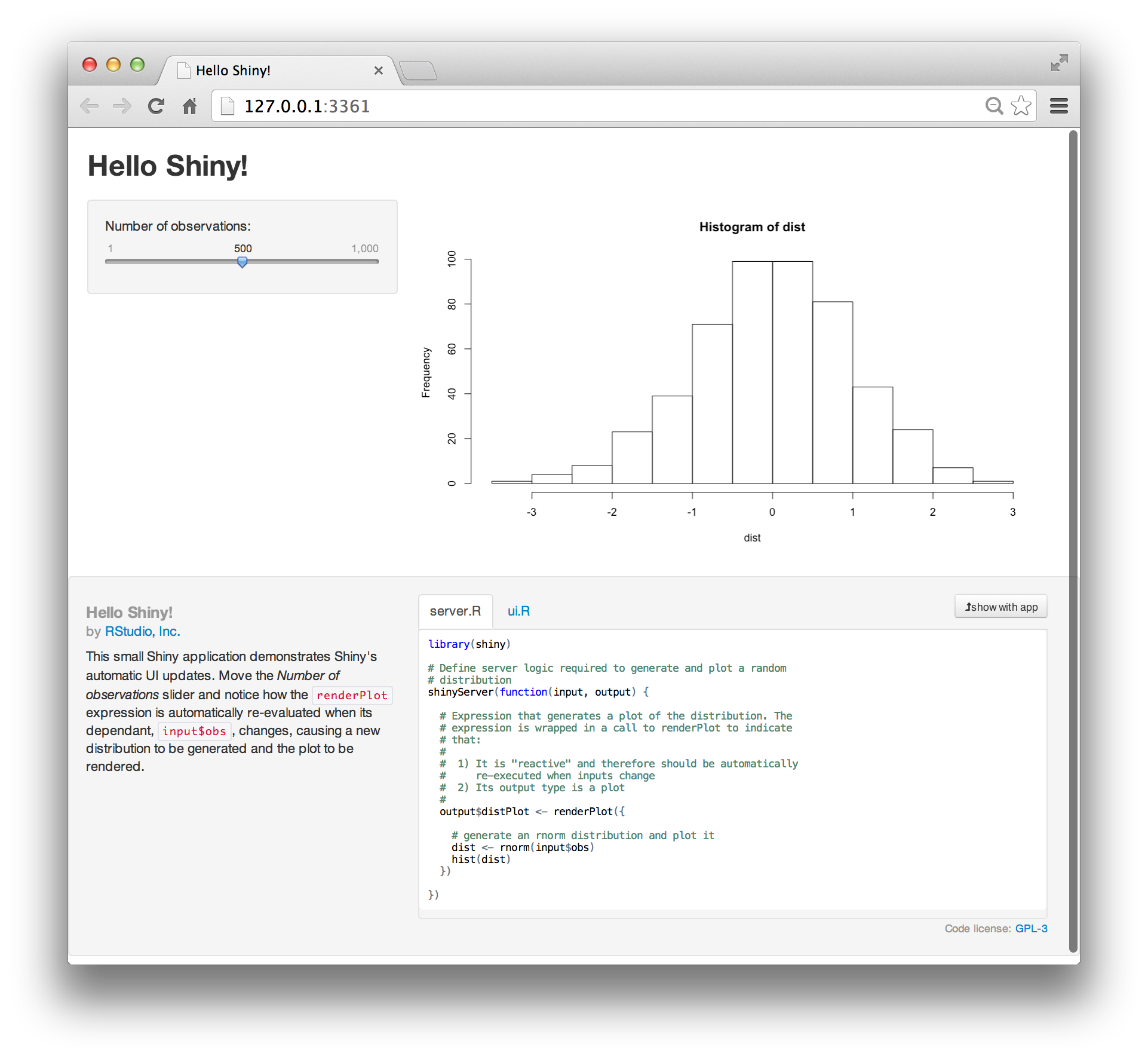 Hello Shiny! Shiny app with slider bar and histogram, and below a panel with the code for the app.