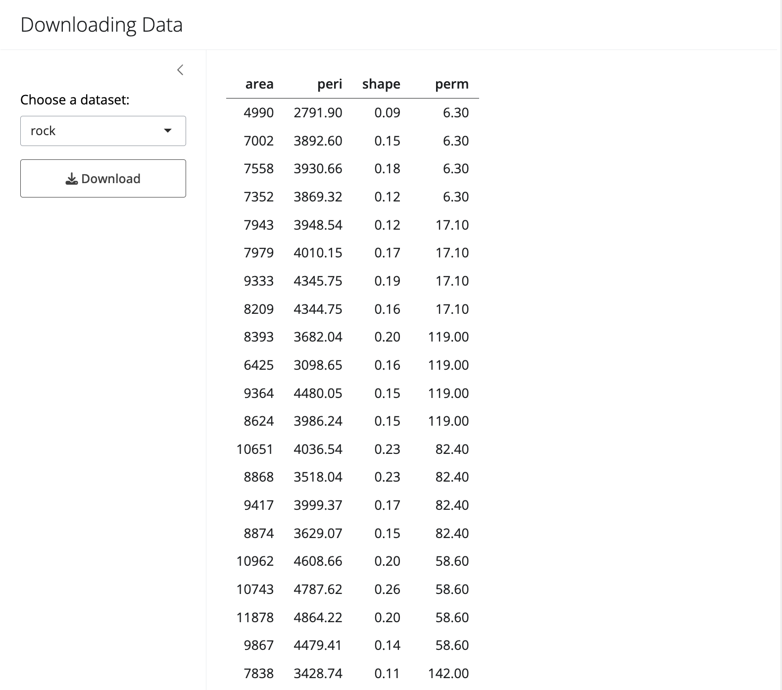 Shiny app for downloading data. Choose a dataset in the left panel and a view of the selected file on the right.