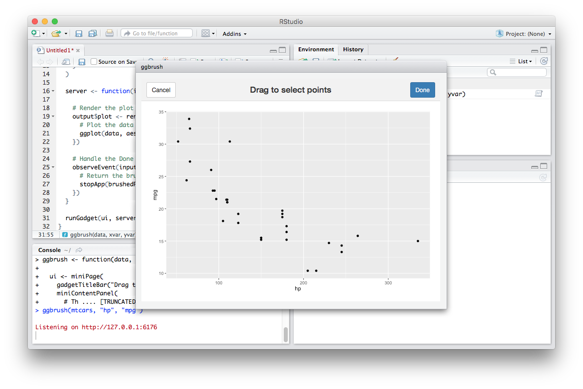 RStudio IDE with four panels, but now with the plot as its own dialog window rather than in the bottom right panel.