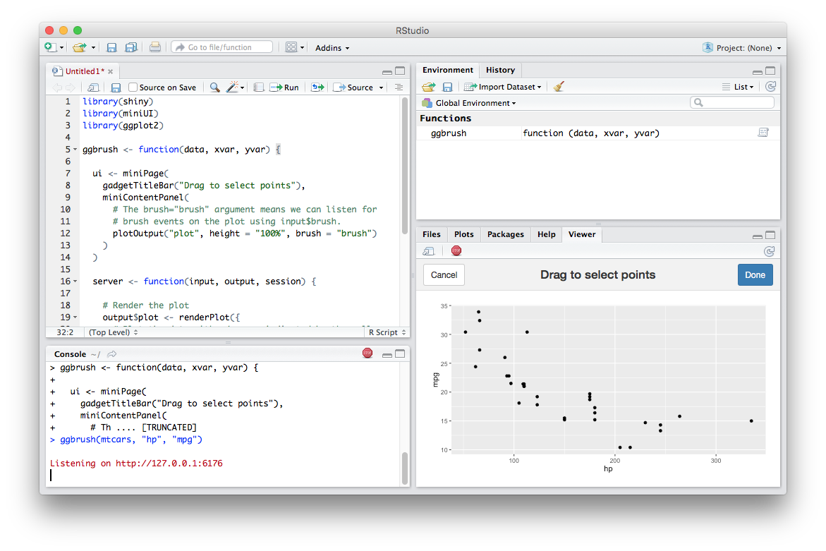 Default view of the RStudio IDE. RStudio IDE with code in the top left panel, console output in bottom left, functions listed in the top right, and a scatterplot of hp to mpg in the bottom right.