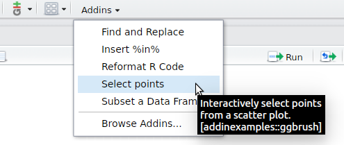 Drop down menu with Select points selected and mouseover saying Iteractively select points from a scatter plot. [addinexamples::ggbrush]