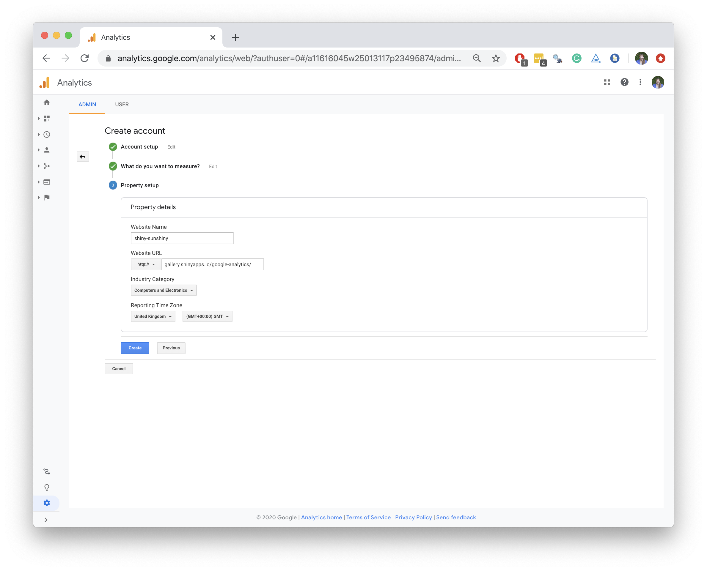 Screen shot of property details in Google analytics sign up page.