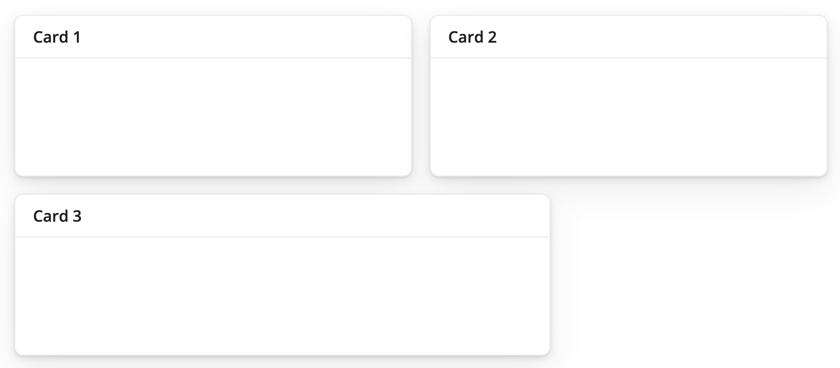 A Shiny app with three cards arranged into three columns. The third column appears beneath the other two, creating a second row.