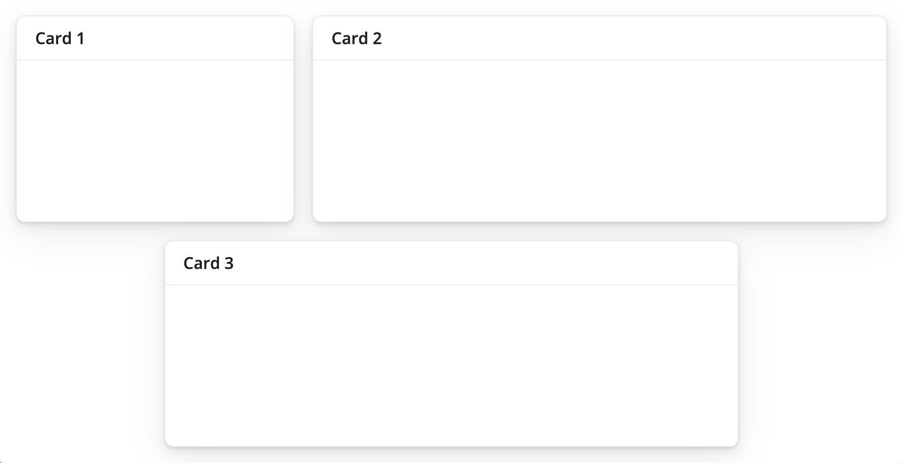 A Shiny app with three cards arranged into three columns. The third column appears beneath the other two, creating a second row. Negative space appears on either side of the third column, centering it in the second row.