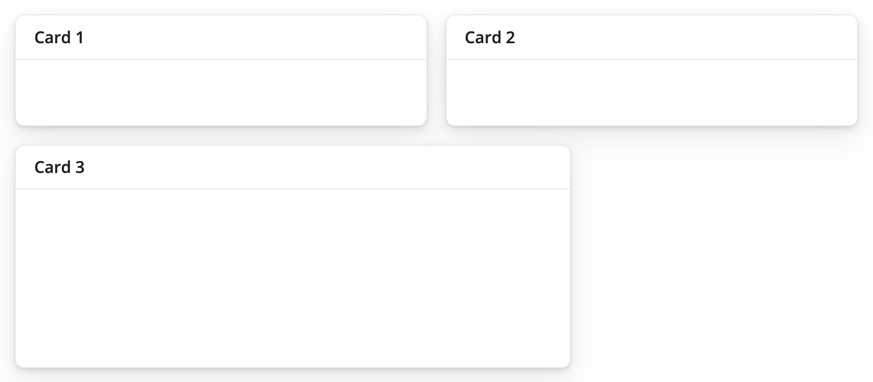 A Shiny app with three cards arranged into three columns. The third column appears beneath the other two, creating a second row. The height of the second row is twice as high as the height of the first row.