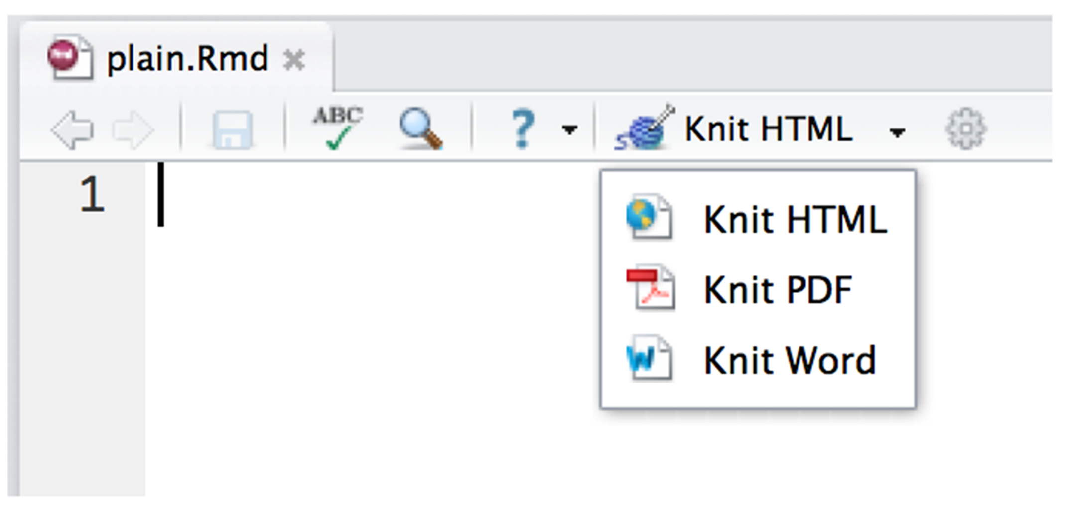 Drop down menu of Knit HTML, Knit PDF and Knit Word