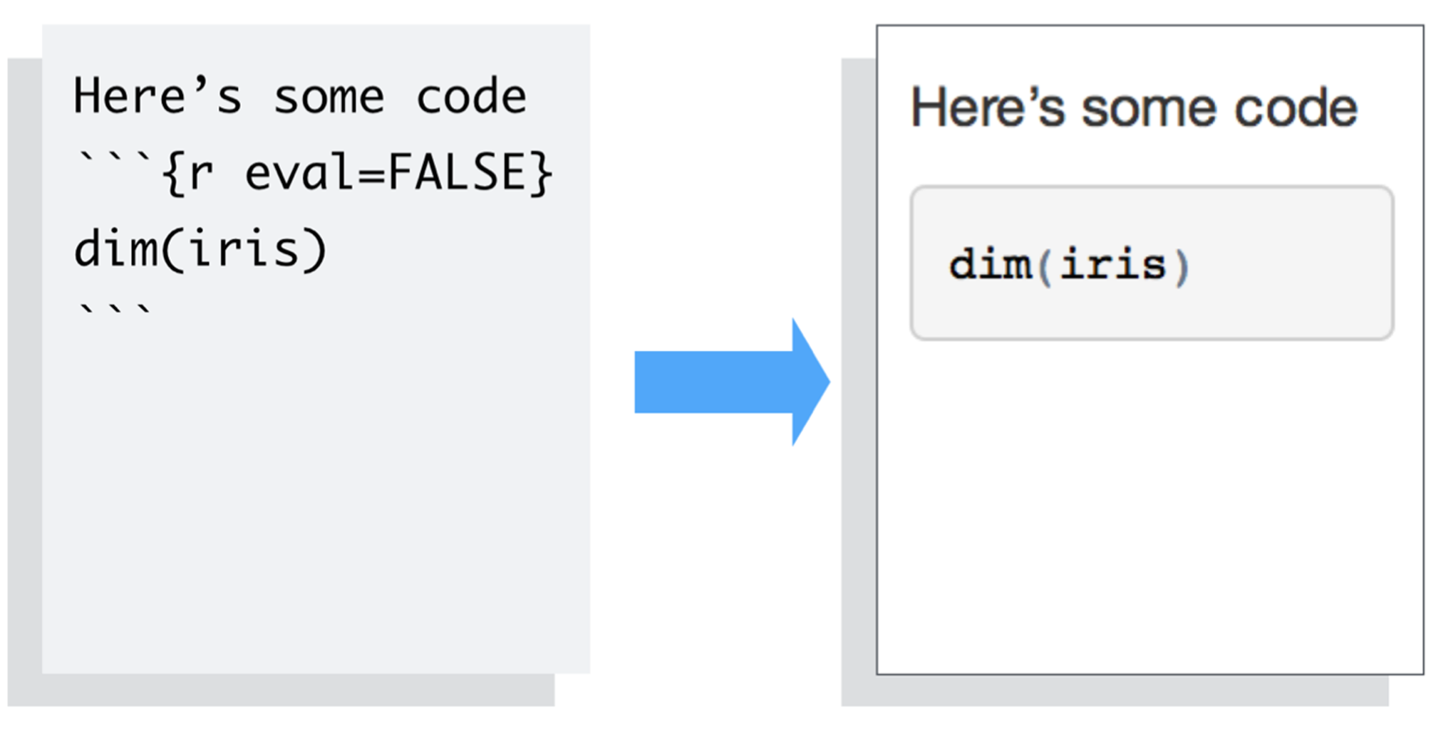 Code block on the left, designated as {r eval=FALSE} with arrow pointing to rendered markdown on the right, which looks like a title, a block with code. There's no code output.