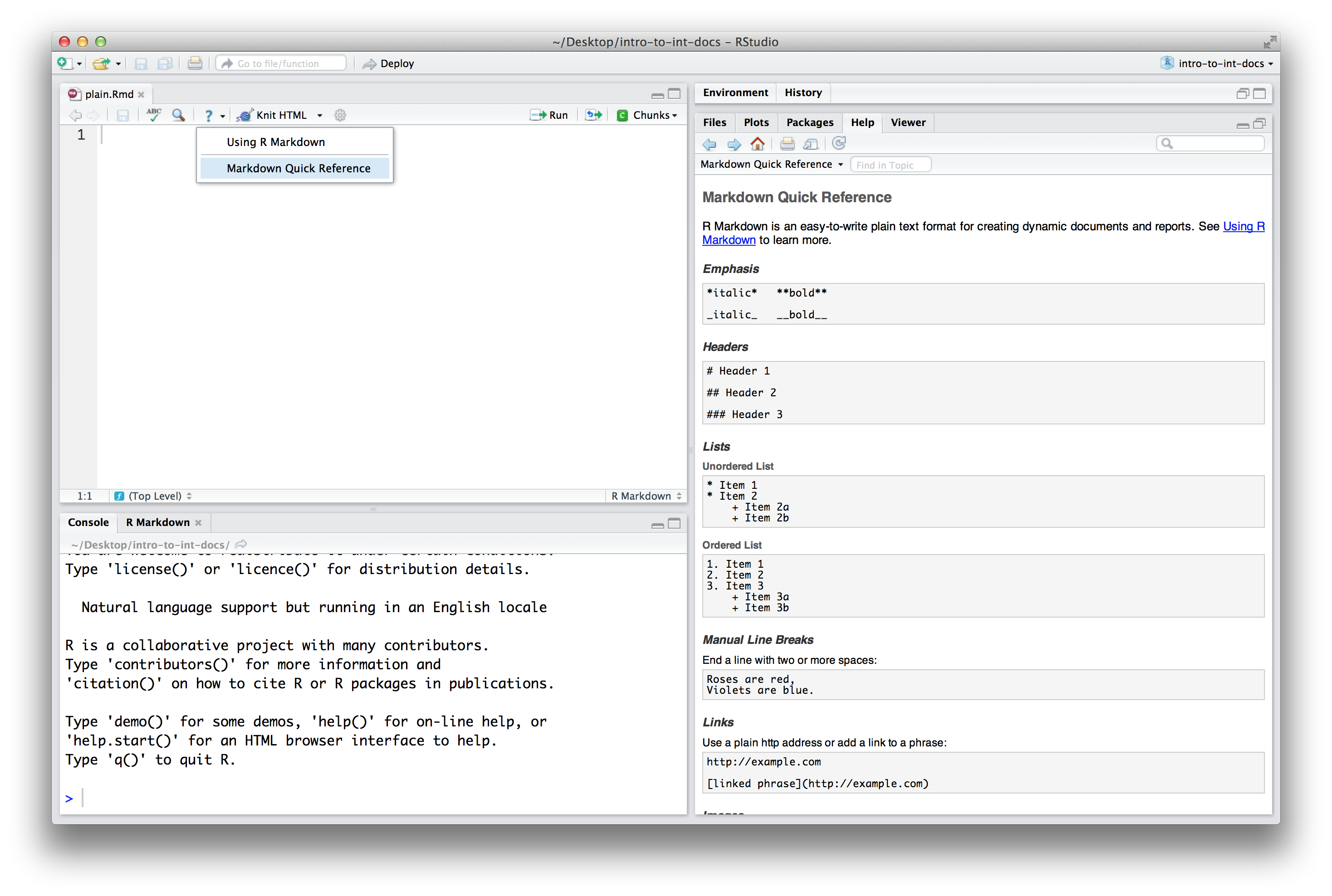 Markdown Quick Reference guide opened in the right panel of the RStudio IDE.