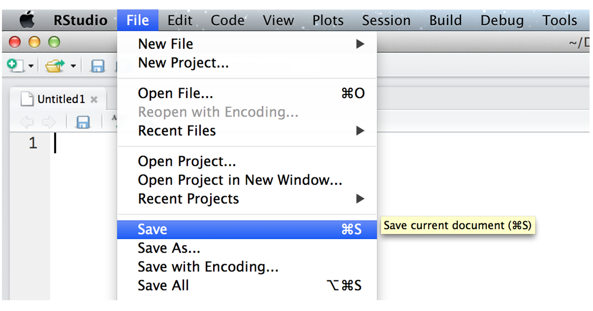 RStudio IDE drop down. File then Save.