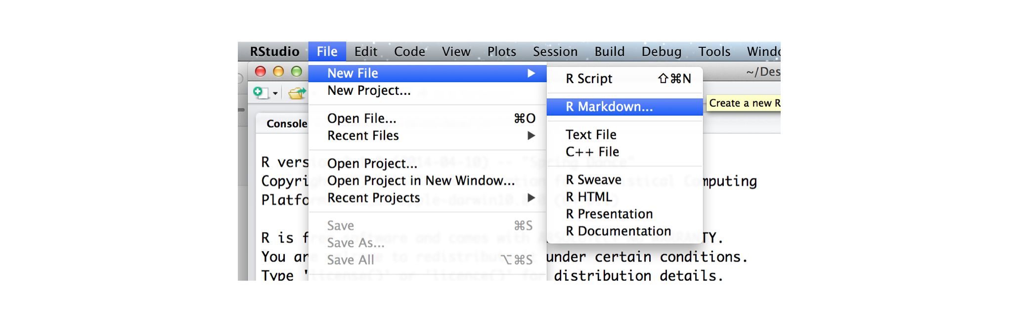 Drop down menu for File in the RStudio IDE. Then New File, then R Markdown.