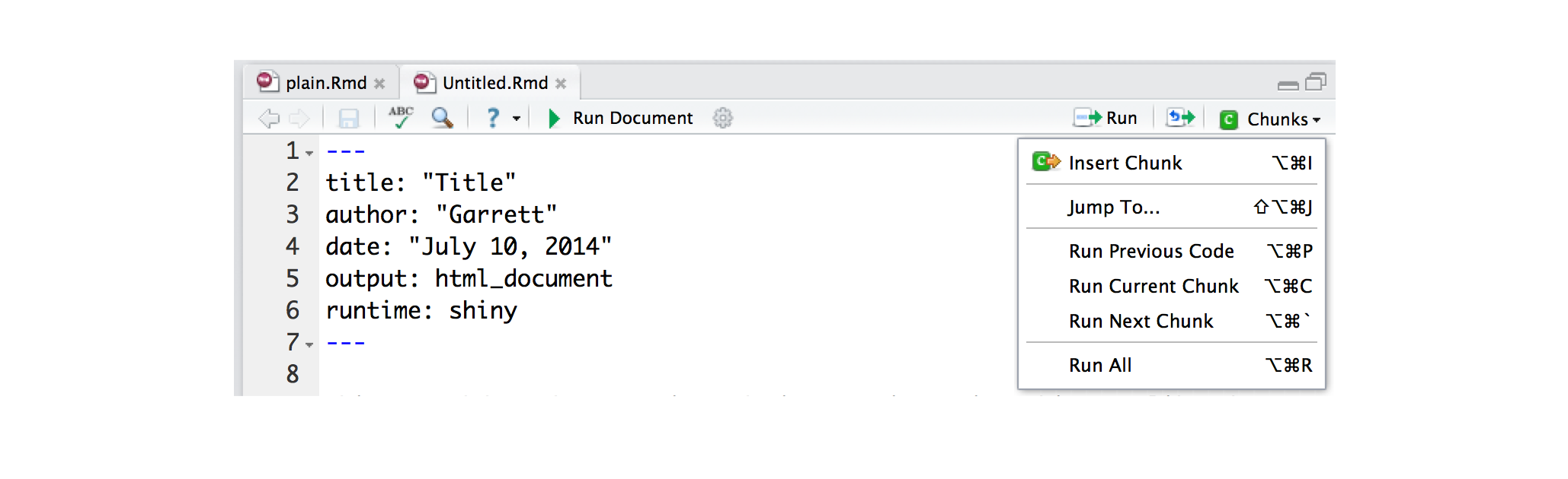 Chunks button in the RStudio IDE, with drop down options Insert Chunk, Jump To, Run Previous Code, Run Current Chunk, Run Next Chunk, Run All.