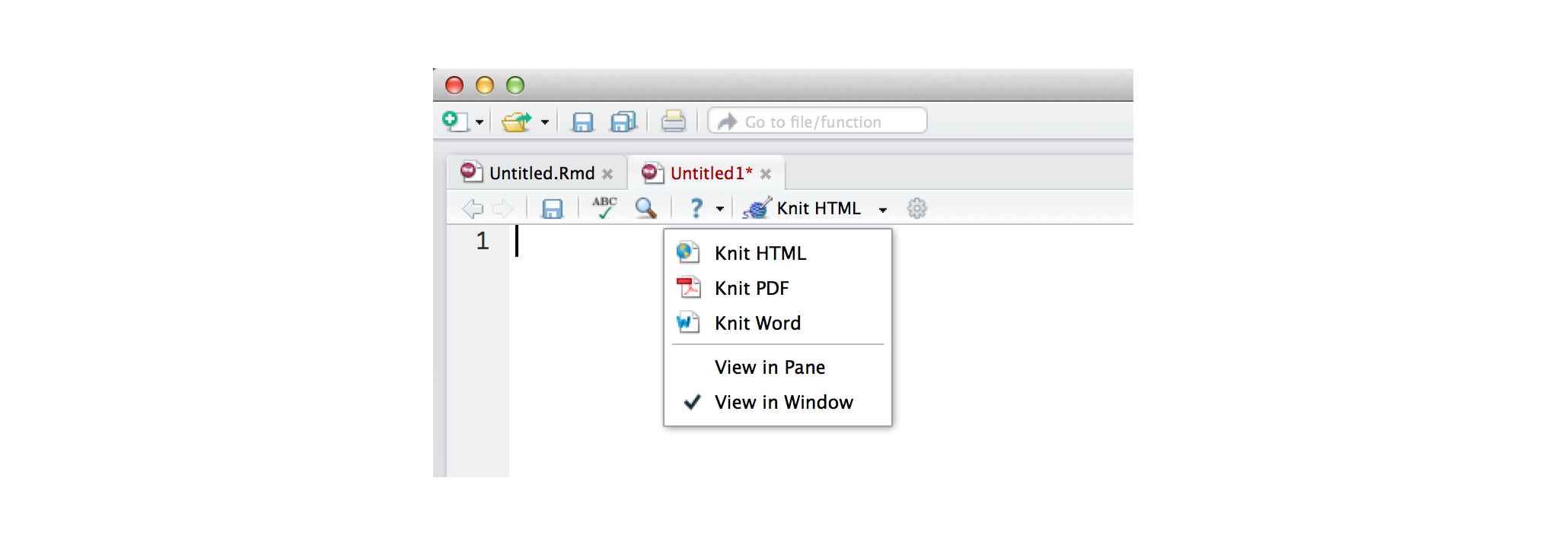 Knit HTML drop down with options Knit HTML, Knit PDF, Knit Word and View in Pane, View in Window