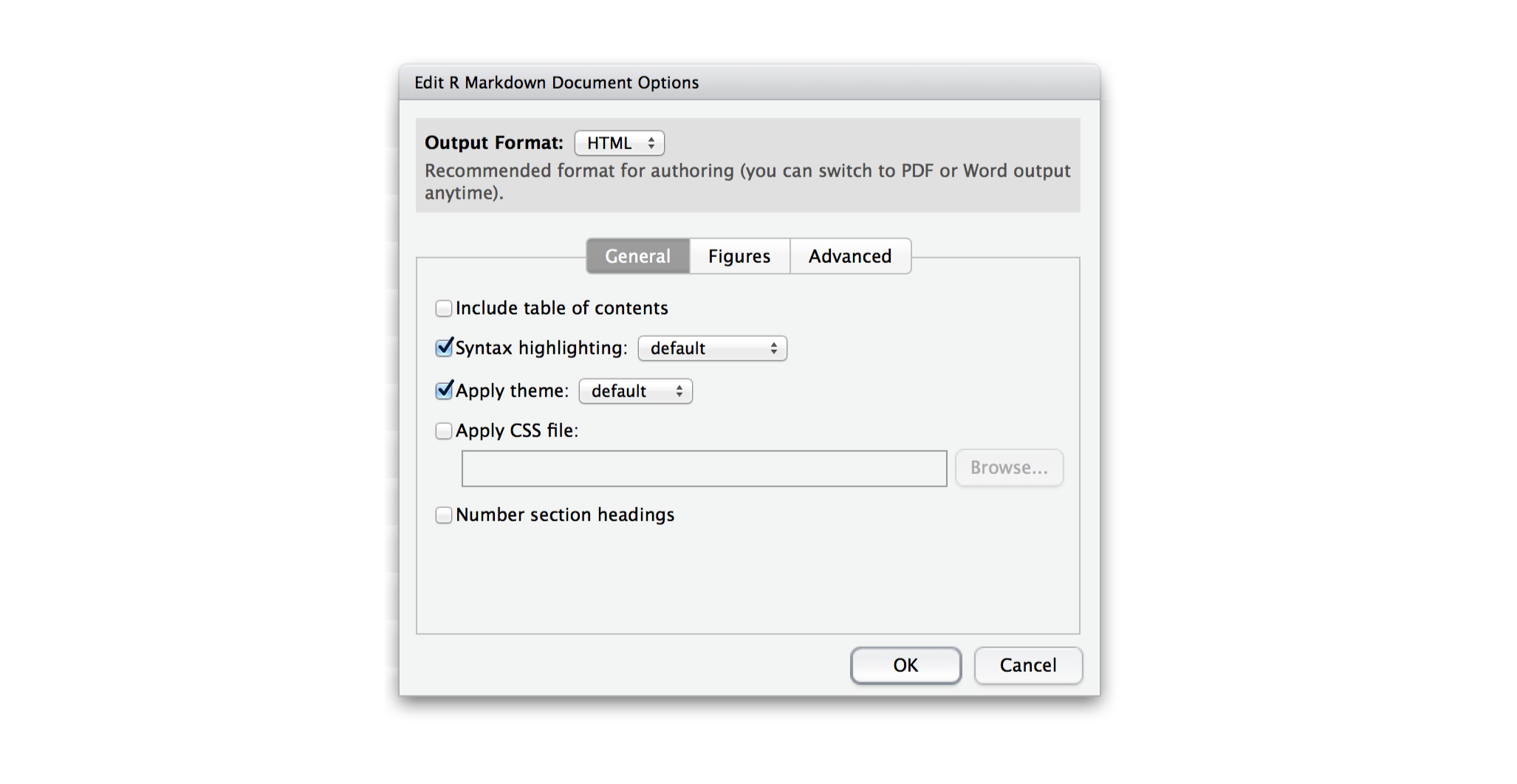 Run Document options. Output format HTML includes Include table of contents, syntax highlighting, apply theme, apply CSS file and number section headings. Syntax highlighting and apply theme are checked by default.