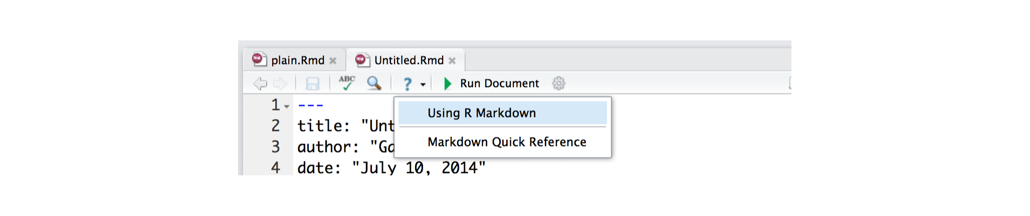 Drop down menu from the question mark in the RStudio IDE that includes Using R Markdown and Markdown Quick Reference