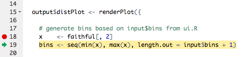 Code with an arrow pointing to the line of code below the breakpoint.