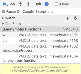 Screenshot of Chrome dialog with pause on caught exceptions