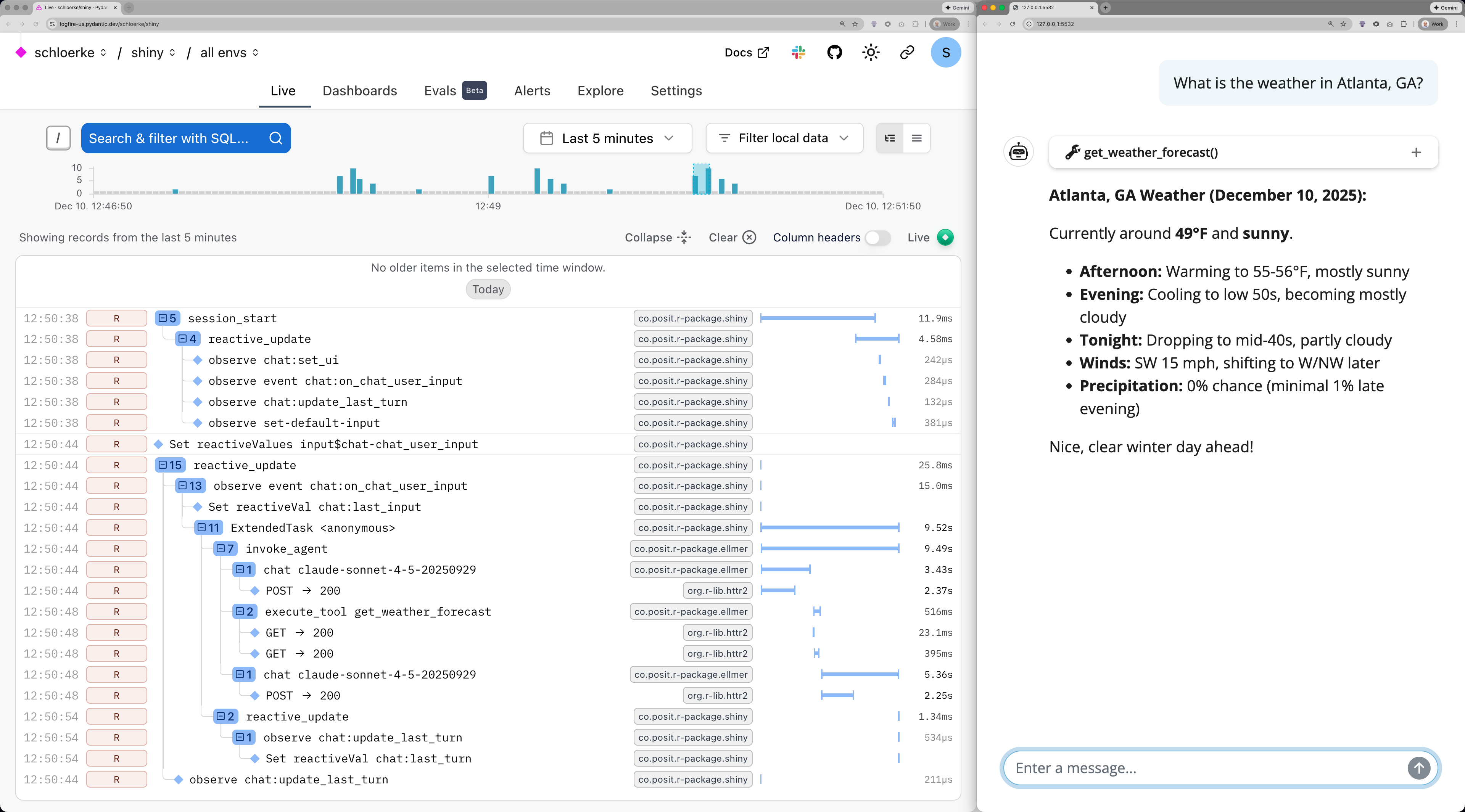 OpenTelemetry trace of chat app with weather tool
