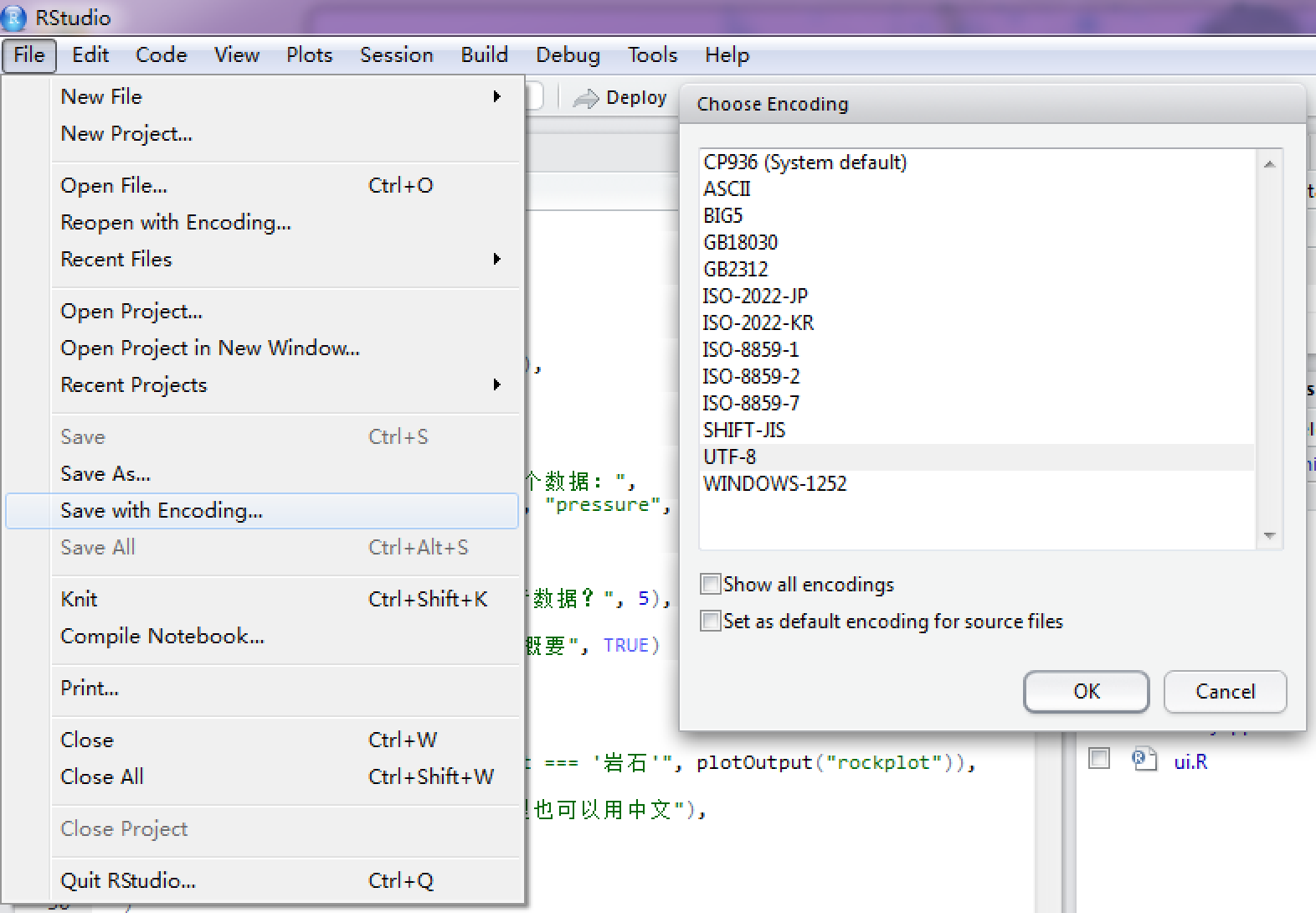 Selecting the Encoding UTF-8 in the RStudio IDE