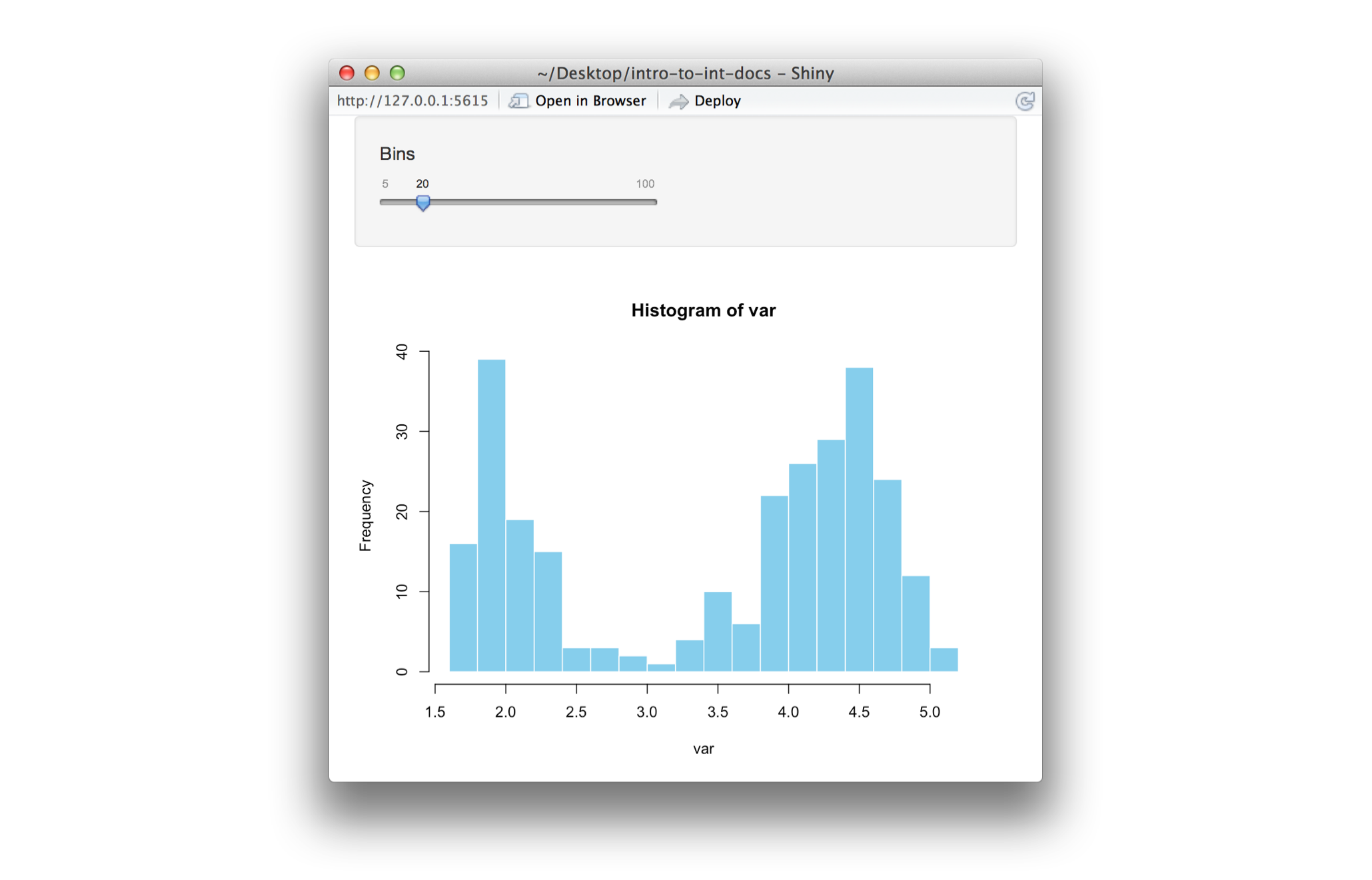 Shiny app with slider bar of bins and histogram of vars for Old Faithful data