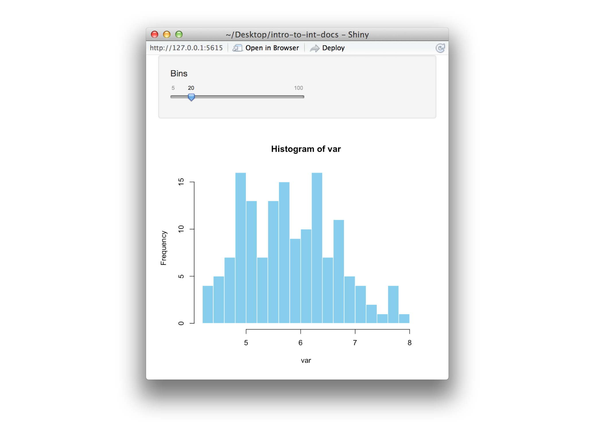 Shiny app with slider bar of bins and histogram of vars for iris data