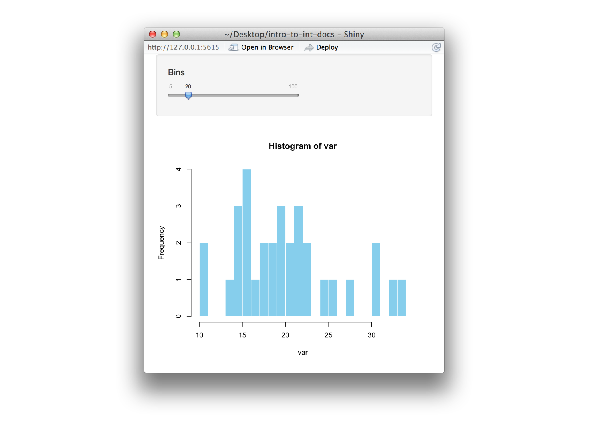 Shiny app with slider bar of bins and histogram of vars for mtcars data