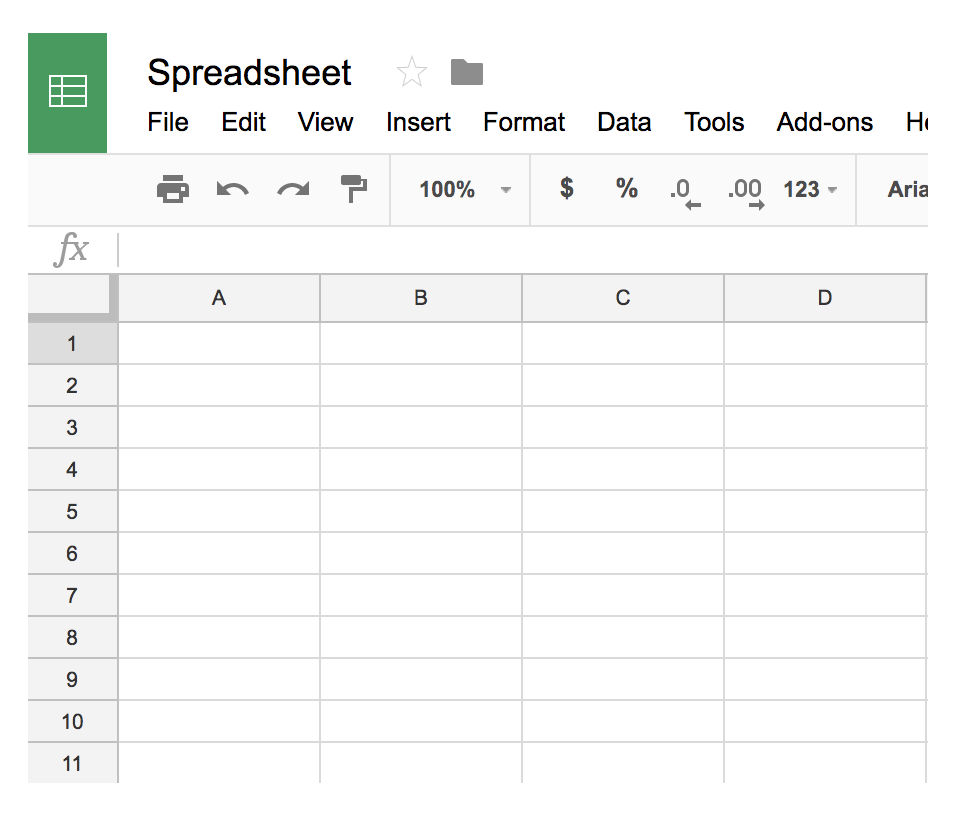 A newly opened and blank Google spreadsheet.