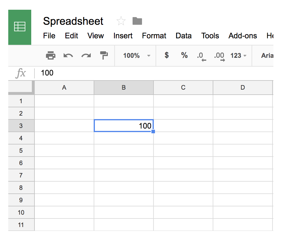 A Google spreadsheet with '100' in row 3, column B.