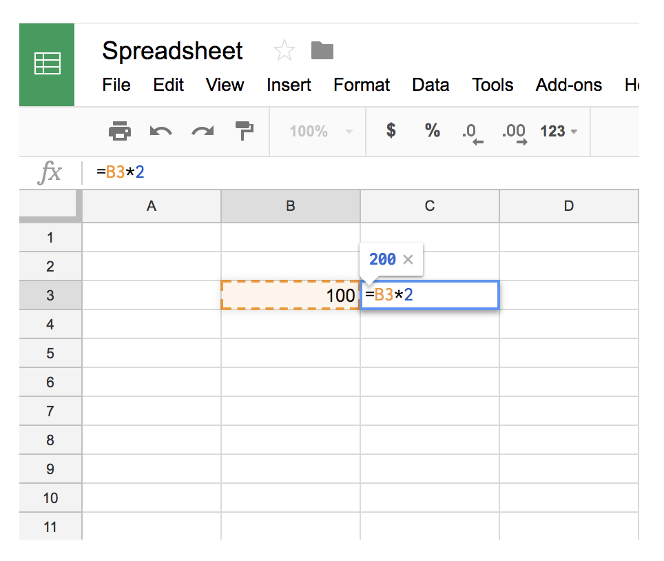 A Google spreadsheet with '100' in row 3, column B and '=B3*2' in row 3, column C.