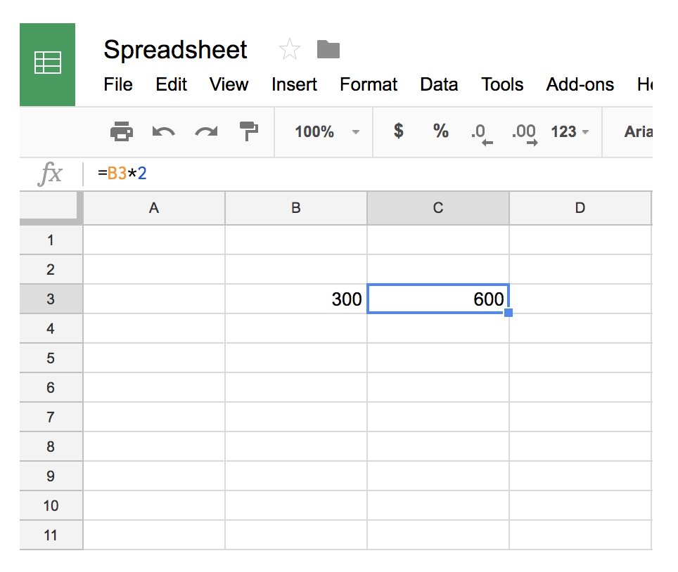 A Google spreadsheet with '300' in row 3, column B and '600' in row 3, column C.