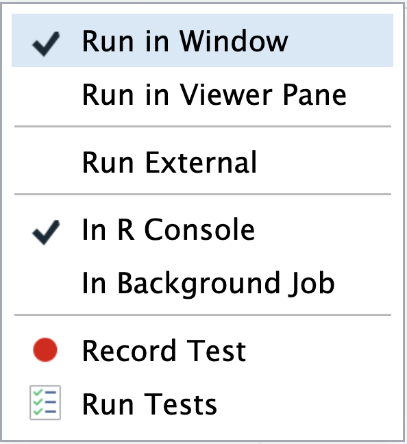 Launch options for Run App, includes Run in Window, Run in Viewer Pane, Run External