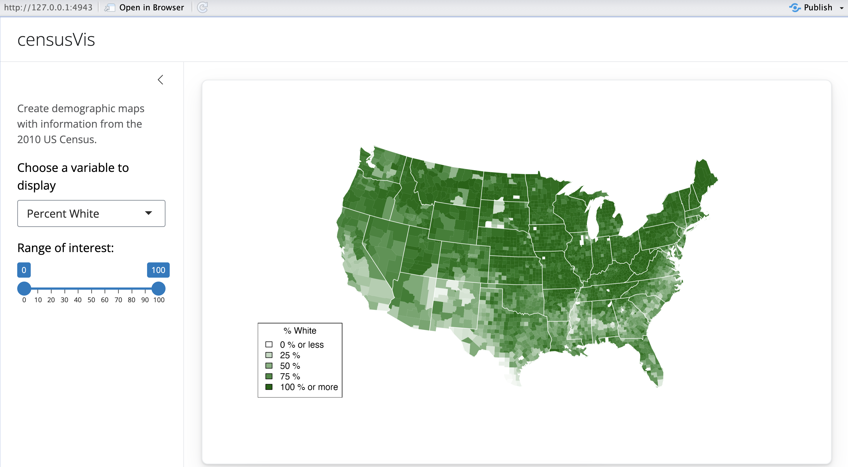 censusVis app with Percent White chosen as the variable to display, and the US map associated with that selection