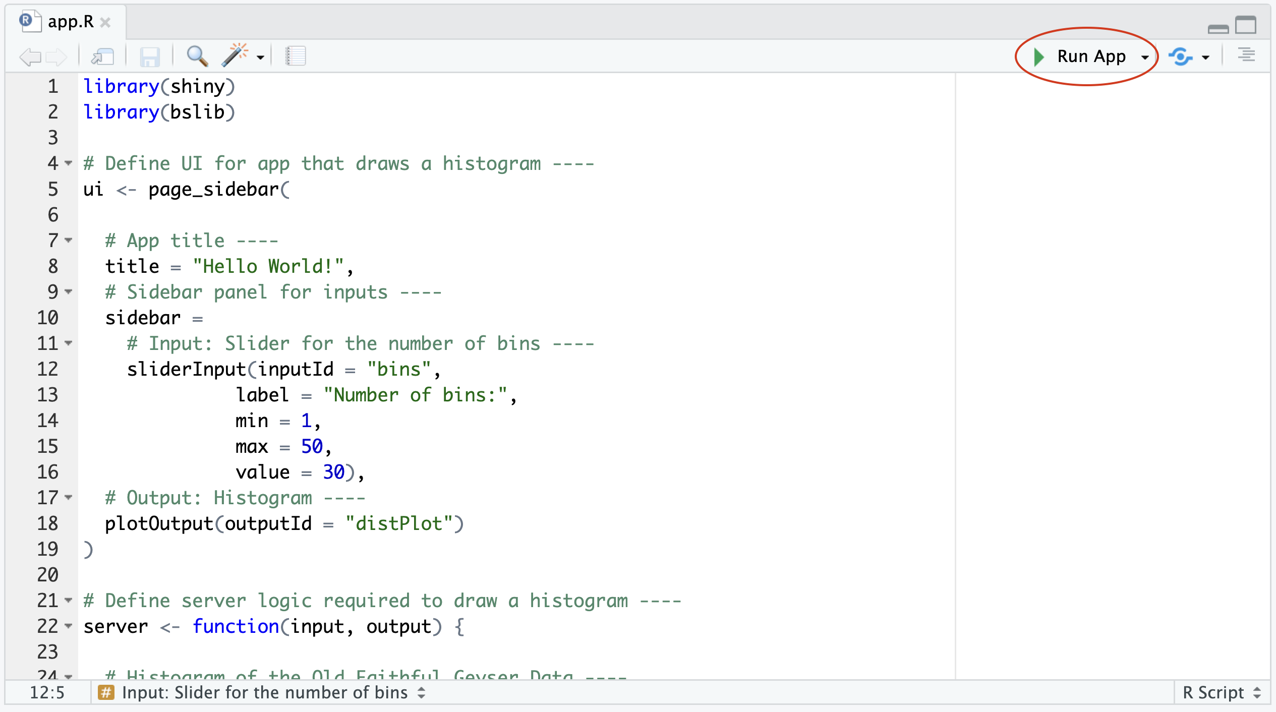 RStudio IDE with the Run App button highlighted