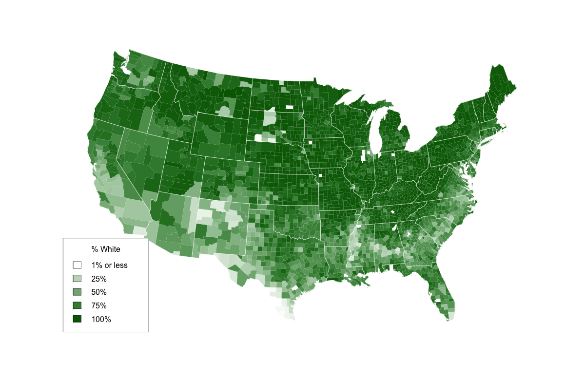 map of the United states where percent white was selected as the demographic